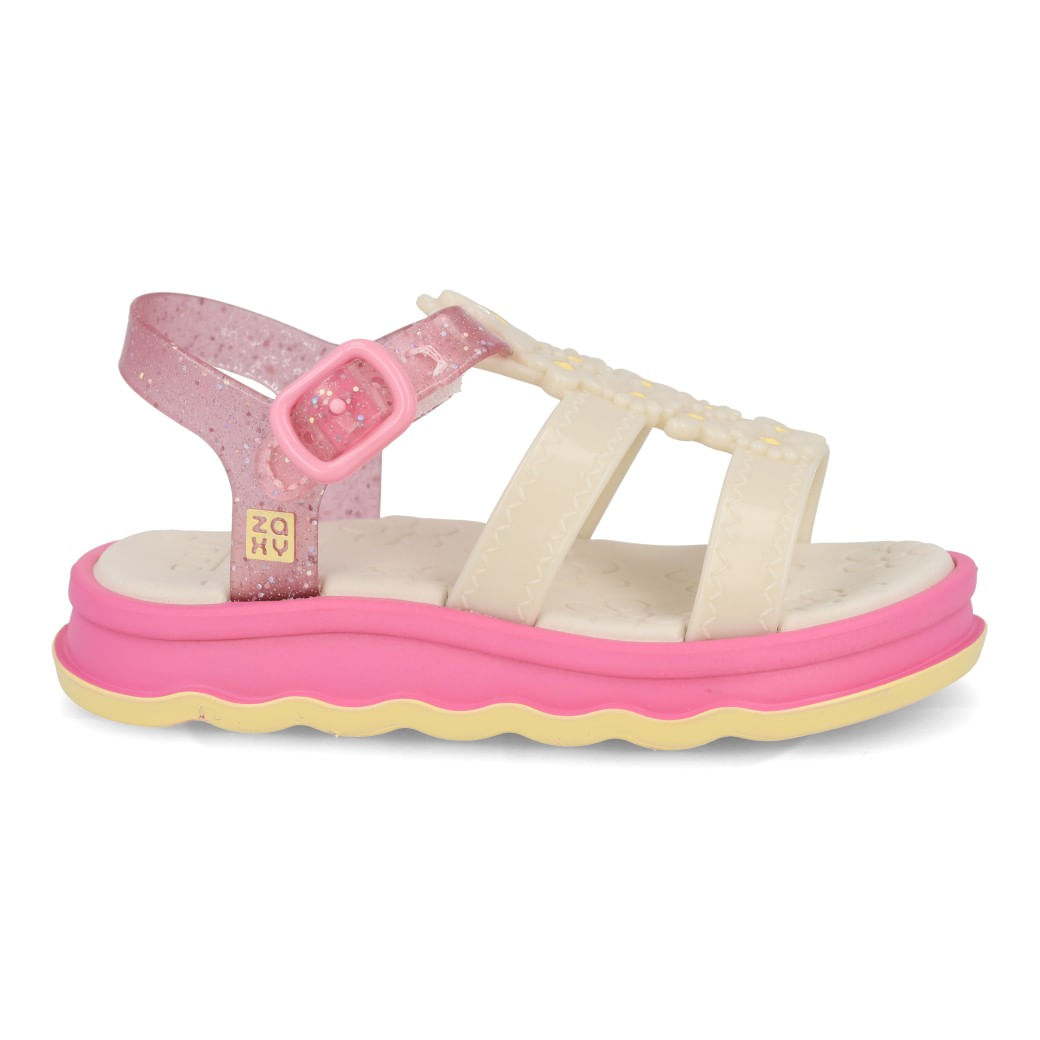 Sandália infantil Grendene Off White vista lateral com aplicações de flores, tiras e solado rosa e amarelo